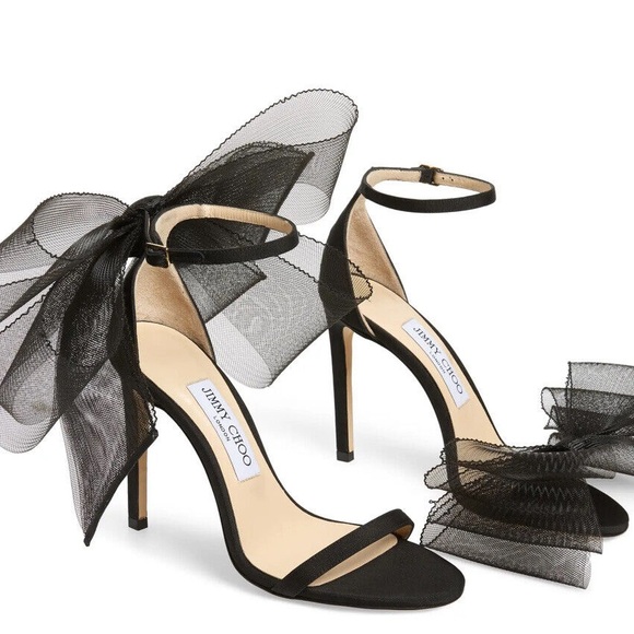 JIMMY CHOO Aveline 100 Bow Ankle Strap Sandals Black Size 36/6 US - Picture 1 of 9